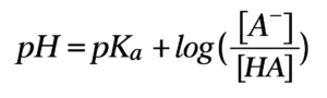 Henderson-Hasselbalch equation showing $pH = pK_a + \log \frac{[A^-]}{[HA]}$ for calculating the pH of a buffer solution with the help of pKa calculator