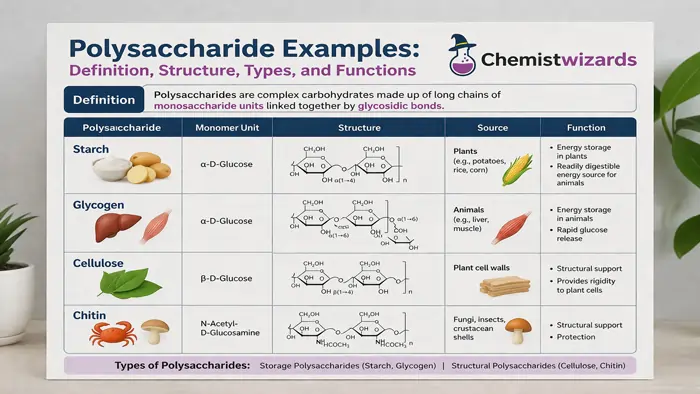 Polysaccharide Examples: Definition, Structure, Types, and Functions 18 A comprehensive table showing polysaccharide examples including Starch, Glycogen, Cellulose, and Chitin with their monomer units, chemical structures, sources, and functions