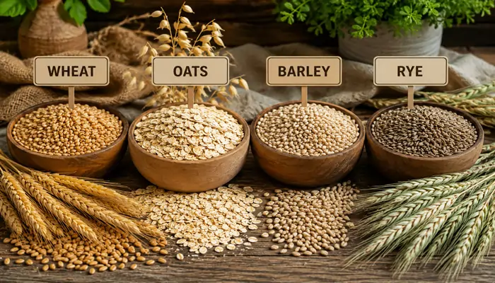 Four wooden bowls side-by-side labeled Wheat, Oats, Barley, and Rye, showing the structural differences between the raw grains and flakes on a rustic wooden table