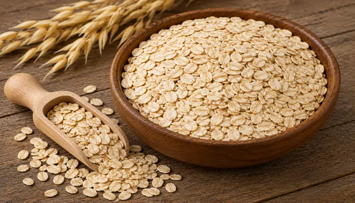 A round wooden bowl filled with raw organic rolled oats next to a matching wooden scoop spilling flakes onto a rustic wood table with whole oat stalks in the background