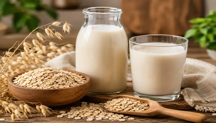 A glass bottle and a filled drinking glass of fresh oat milk, served on a rustic table alongside a wooden bowl of rolled oats, a filled scoop, and dried oat stalks