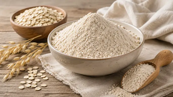Gluten-free oat flour in a large bowl with a scoop and whole rolled oats on a rustic wooden table