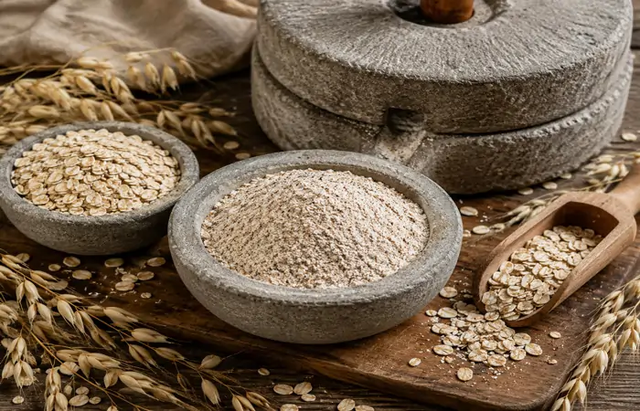 A stone bowl filled with freshly milled stone ground oat flour sits next to a smaller bowl of rolled oats, a wooden scoop, and a traditional stone mill quern on a rustic wooden table